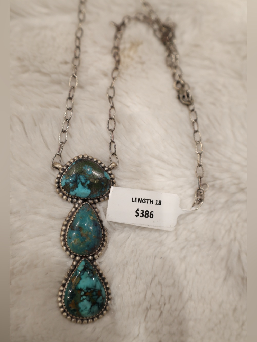Sterling Silver Turquoise 3 Stone Necklace 18” Western Jewelry